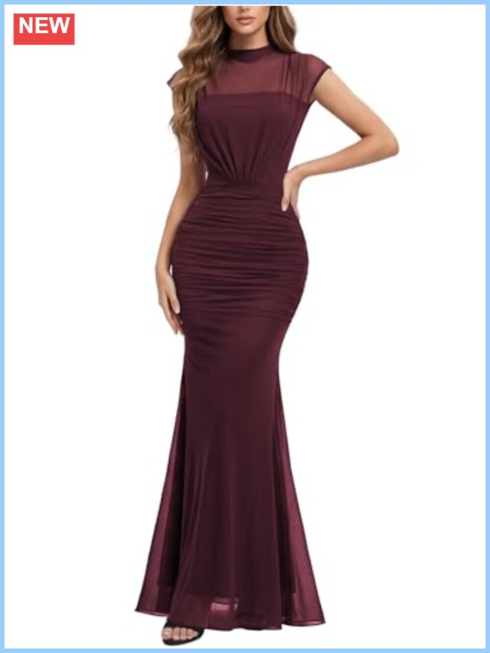 Miusol Women's Mock Neck Mesh Ruched Formal Evening Maxi Dress